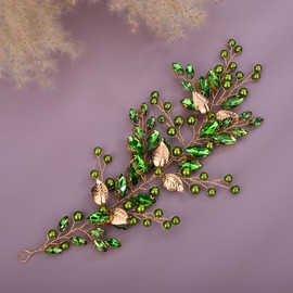 Denifery Rhinestone Bridal Hair Vine Pearl Wedding Headband Rhinestone Bride Headpiece Leaf Hair Accessories for Women and Girls (Green)