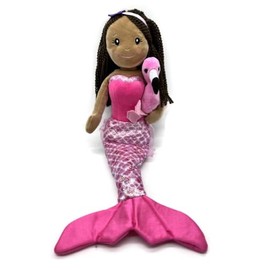 The Petting Zoo Mermaid Doll with Flamingo Stuffed Animal- Great Gifts for Girls, Mermaid Plush Doll with Flamingo Plush Toy, 17 inch (Dark Skin)
