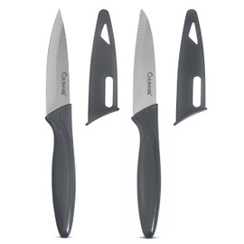 Culinare Set di 2 Coltelli, grigio, acciaio inox, lame ultra affilate da 9 cm, 2 coltelli da cucina con coprilama, taglio liscio/presa salda/manico antiscivolo, lavabile in lavastoviglie
