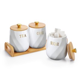 JUXYES Set of 3 Ceramic Canisters Set for Sugar Coffee Tea With Handle Tray, Luxurious Storage Containers Sets with Lids Decorative Storage Pots White Ceramic Storage Jar for Kitchen Dining Room