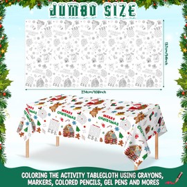 1Pack Christmas Coloring Tablecloth for Kids, Disposable Christmas Paper Tablecloth, Santa Merry Christmas Color-in Activity Table Cover for Kids Christmas Winter Holiday Party Decorations, 54x108Inch