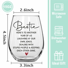 Innfueunun Friends Wine Glass Gifts for Women 15Oz Funny Bestie Cup Here's to Another Year of Us Laughing at Our Own Jokes Glass Birthday Gift Women Day Gifts for Friends Bestie