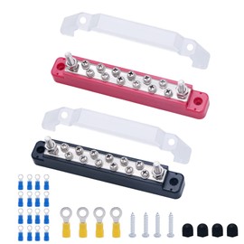 Zovfam Bus Bar Terminal Block 12V Power Distribution Block with 2 x 1/4" Posts and 12 x #8 Screws Terminals Marine Bus Bar with Ring Terminals Cover for Automotive Car Boat RV Truck (Red, Black)