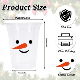 Whaline 50Pcs 12oz Christmas Snowman Disposable Cups Snowman Plastic Party Cups Black Orange Clear Plastic Glasses for Xmas Winter Holiday Drinks Party Supplies