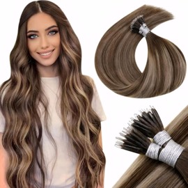 Hetto Human Hair Nano Beads Hair Extensions 20 Inch Balayage Brown Nano Ring Hair Extensions Real Human Hair Nano Extensions Human Hair Dark Brown to Blonde Natural Straight Silky 50s/50g
