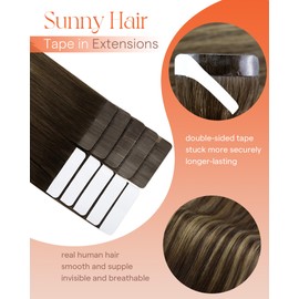 Sunny Hair Tape in Hair Extensions Real Human Hair Invisible Remy Hair Extensions Tape ins for Women Dark Brown Ombre Caramel Blonde Balayage 20 inch 25G