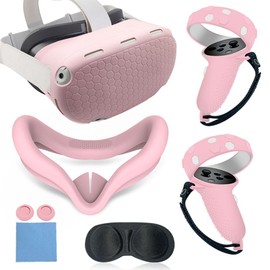 VR Cover Accessories Set Compatible with Meta Quest 2, MLemonVR Silicone VR Shell, Controller Grips & Face Cover, Button Caps, Lens Cover + Glasses Cloth Set for Quest 2 (Pink, for Quest 2)