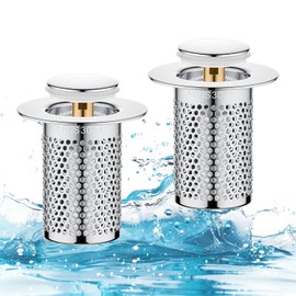2Pcs Upgraded Universal Pop Up Bathroom Sink Drain Stopper, Press-to-Seal Water Storage, Stainless Steel Filter, Anti-Odor and Anti-Clog Hair Catcher, Fits 1.1-1.5 Inch Washbasin Drains