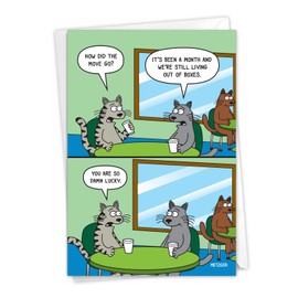 NobleWorks - Funny New Home Paper Card with 5 x 7 Inch Envelope (1 Card) Housewarming Living In Boxes C2443NHG