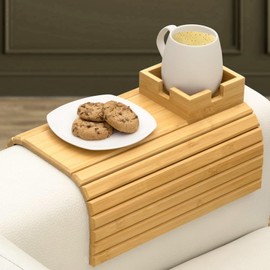 ZONJIE 2-in-1 Wooden Sofa Tray Table with Detachable Tray Sofa Arm Trays Table Bamboo Armrest Tables with Non-Slip Cups Anti-Slip Couch Cup Holder for Snacks Foldable Armrest