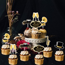 Fangleland 24 Pcs Roaring 20s Cupcake Toppers Decorations, Music Concert Jazz 1920s Retro Cupcake Picks, Band & Orchestra Musical Instruments Twenties Vintage Party Supplies Black and Gold