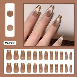 Press On Nails Medium Square French Fake Nails, Fashion Tan Acrylic Full Cover False Nails Set, Natural Perfectly Reusable Stick On Nails Suitable for Women Girls