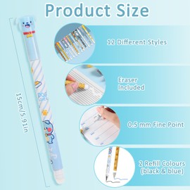 Pack of 12 Black/Blue Ink Cute Cartoon Erasable Pen Tip, Rollerball Pen Erasable Gel Pen, 0.5 mm Lead Diameter, Erasable Pen Cartoon Erasable Pen for Students School Office Supplies
