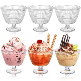 Nagpew 6 Pack Glass Dessert Bowls Set, 10.8 Oz Vintage Ice Cream Cups with Pedestal, Fluted Sundae Dishes Pudding Footed Bowl for Ice Cream, Dessert, Parfait, Candy, Fruit