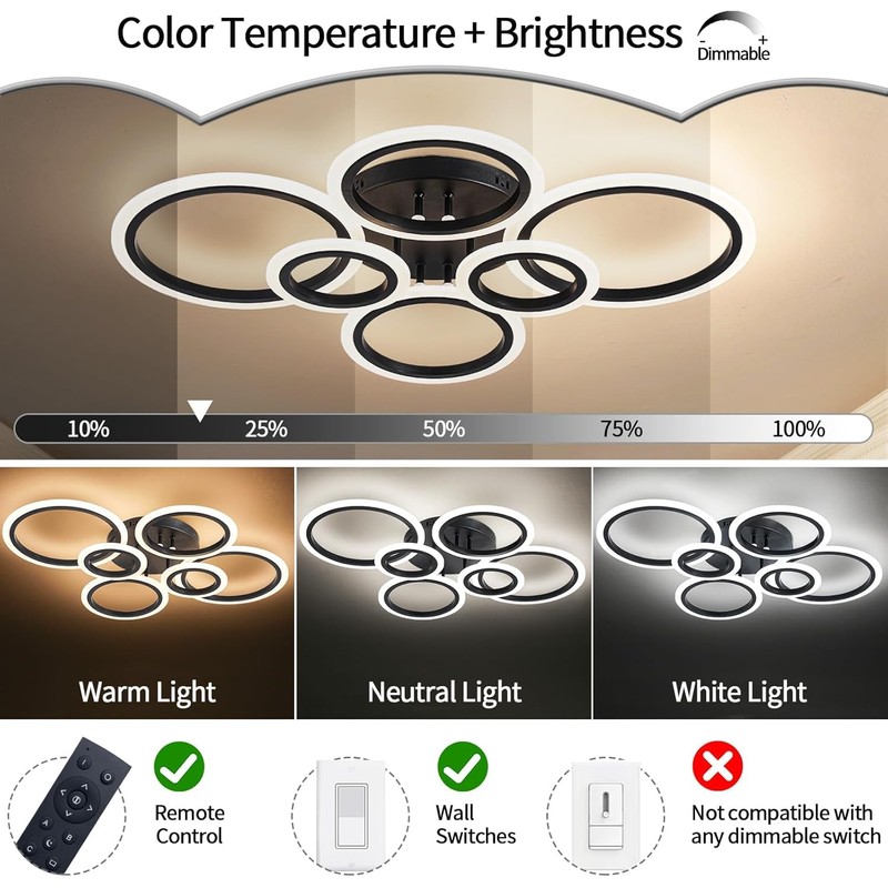 Shine LUEST 6 Rings Black Modern LED Ceiling Light Fixture,