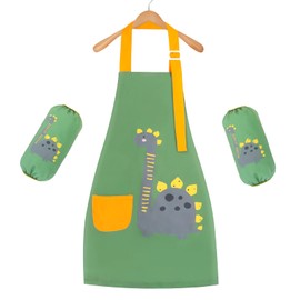 Figarge Kinderschürze Verstellbar Wasserdicht Schürze Kinder Kinderschürze mit Taschen für 3-10 Jahre Junge Mädche Kochschürze Kinder für Küche Kochen Grill Backen Malerei Party(Grün Dinosaurier)