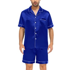 SWOMOG Men Satin Silk Pyjamas Sets Short Sleeve Sleepwear Button-Down PJs Sets Two-Pieces Loungewear with Pockets Blue
