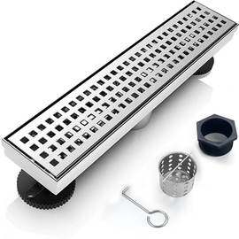 12 Inch Removable Cover Linear Shower Drain 304 Stainless Steel Rectangular Floor Drain for Kitchen Bathroom Square Hole Pattern Drain with Accessories Hair Strainer Adjustable Leveling Feet (Silver)