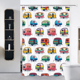 JAWO RV Shower Curtain for Camper Trailer Camping Bathroom, Retro RV Fun Camping, Happy Camper Stall Shower Curtain with Hooks Set, 48x70 Inches