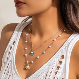 Stocking Stuffers Gifts for Women Shell Charm Necklace Pearl Beach Necklace for Women Beach Jewelry Layered Charm Necklace Pearl Layered Necklace Party gifts