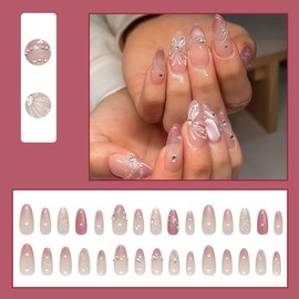 30Pcs Cat Eye Press on Nails Short Almond QUNQINLI Fake Nails Ombre False Nails Press ons with Pearl Line Butterfly Rhinestones Design Acrylic Glue on Nails for Women Manicure