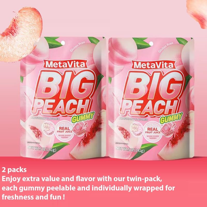 (2 Packs, 10oz) MetaVita Big Peelable Peach Gummy Candy –