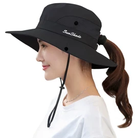 Muryobao Women's Ponytail Sun Hat Anti-UV Foldable Mesh Wide Brim Beach Fishing Hat, Black, Free size