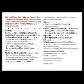 Ernest Jackson & Co. Ltd Mac Sore Throat Honey and Lemon Flavour 12 Lozenges - Relief of Sore throats