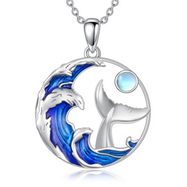 PELOVNY Wave Moonstone Necklace 925 Sterling Silver Whale Tail Necklace Ocean Wave Pendant Jewelry Gifts for Women