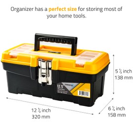 CANOPUS Plastic Toolbox, 12.5-inch Portable Tool Box with Metallic Clutch, Tool Organizer with Extra Storage Tray for Home Tools, Nails and Pins, Black-Yellow