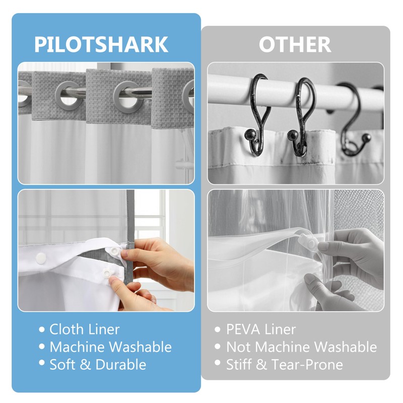 PILOTSHARK No Hook Waffle Weave Shower Curtain Set with Snap-in