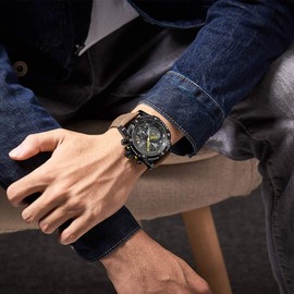 MEGIR Men's Analog Business Quartz Chronograph Watch with Brown Leather Strap Black Big Face for Sports (2130 Brown)