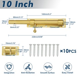 Alise 10 inch Barrel Bolt Latch,Slide Bolt Latch,Heavy Duty Solid SUS304 Stainless Steel Slide Lock for Wooden Fence,Barn Door,Interior or Outdoor Door.Gold MS9200-G
