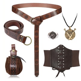 Hifot 5pcs Medieval Clothing Women Men Belt Bag Medieval Belt Accessories Set Corset Belt Double Sword Necklace Silver Ring Viking Jewellery Renaissance Knight Rider Decoration Pirates