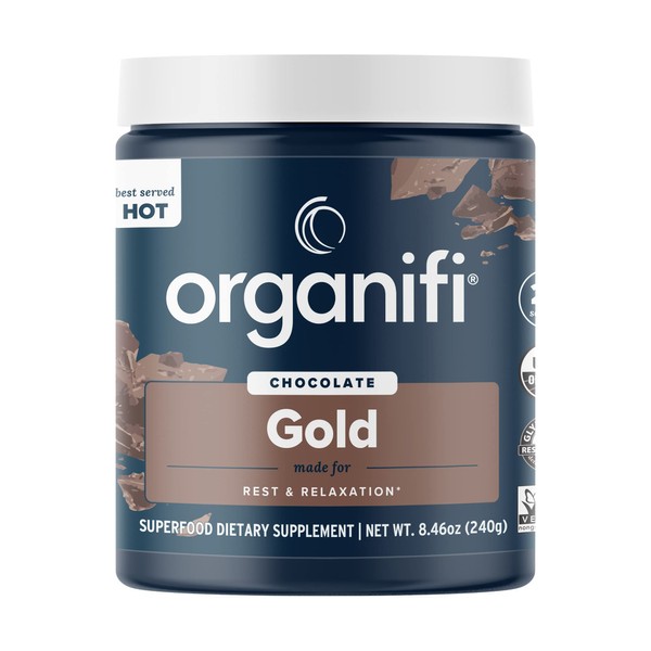 Organifi - Gold Chocolate - Superfood Supplement Powder - 20 Day Supply - Supports Restful Sleep, Immune Health and Recovery - Cocoa, Organic Turmeric and Reishi Mushroom Infused Golden Milk Drink Mix