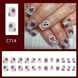 Snowflake Press On Nails - Short, Nude, Acrylic, Square, Glue On, Full Cover, Stick On, Snowman, Reusable Artificial Nails for Women, 24Pcs
