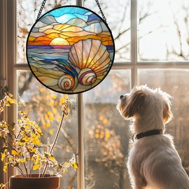 AMDERVEN Stained Glass Window Hanging - Colorful Beach Shells Conch Sun Catcher for Door Home Decor Ocean Suncatcher Christmas Mother's Day Birthday Sea Lover Gifts for Women Men Mom Nana 7.8 in