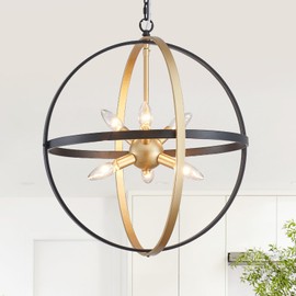 XINGQI Farmhouse Globe Chandelier Black and Gold Pendant Lighting, 6-Light Industrial Hanging Light with Metal Spherical Shade for Dining Room,Kitchen Island,Living Room,Hallway,Entryway