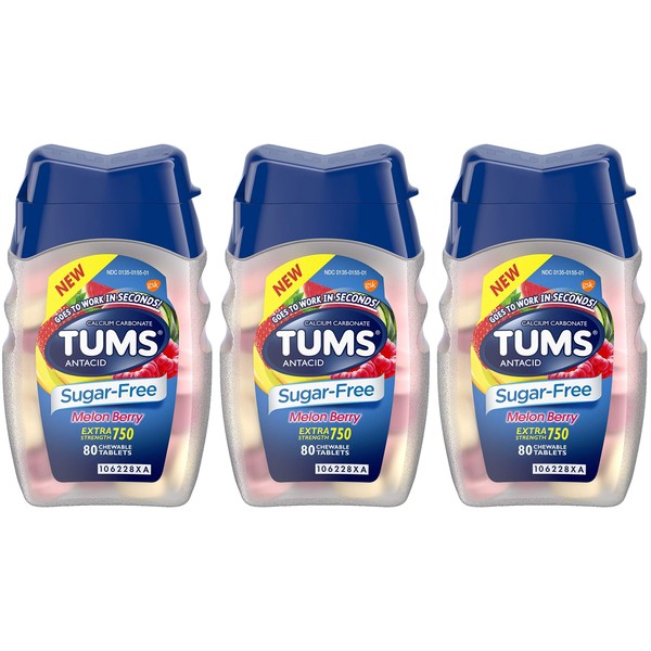 Tums Antacid - Sugar Free - Melon Berry - Extra Strength 750-80 Count Chewable Tablets Per Bottle - Pack of 3 Bottles