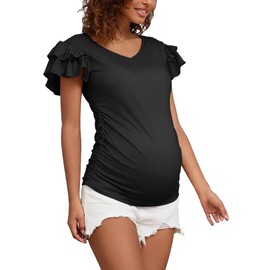 Bhome Maternity Summer Ruffle Tops,Casual Frilled V-Neck Short Sleeve Fitted Blouse Shirts Trendy for Women Black