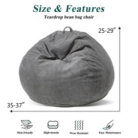 Cansunna 3FT Bean Bag Chairs Teardrop Bean Bag Chair for Adults Beanbag Chair with Memory Foam Filled Machine Washable Cover for Living Room, Bedroom (Large,Grey)