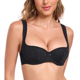 Lemorosy Women's Push Up Balconette Bra Demi Half Cup Lightly Padded Underwired Lace Bralatte(Black,34DD)