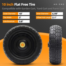 AR-PRO (4-Pack) Replacement Wheels 10 inch Flat Free Tire - Solid Flat-Free Tire and Wheel - 3" Wide Tires with 5/8 Axle Borehole and 2.1" Hub - Compatible with Garden, Yard and Farm Cart