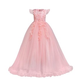 Flower Girls Dress Bridesmaid Wedding Pageant Party Princess Communion Floral Boho Vintage Lace Dance Maxi Gown for Kids Blush Pink 13-14 Years