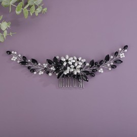 Teyglen Bride Crystal Wedding Hair Comb Flower Pearl Hair Piece Bridal Crystal Hair Comb Headband Black Rhinestone Headpiece Floral Hair Accessories for Women (Black)
