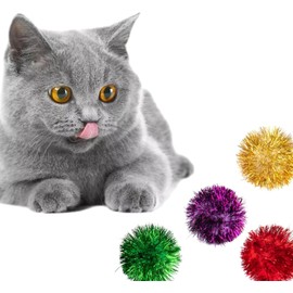AUEAR, 24 Pack Assorted Color 2 Inch Flash Sparkle Cat Balls Shiny Tinsel Pom Poms Interactive Fuzzy Balls for Kittens (4 Colors)