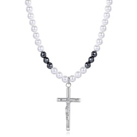 GAVU Christian Jewelry Crucifix Hematite Pearl Necklace Cross Necklace 60cm