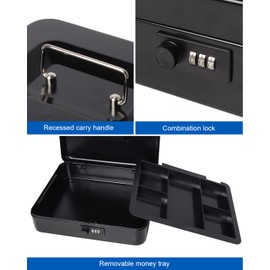 Large Cash Box with Combination Lock, Metal Money Box for Cash, Lovndi Lock Box with Money Tray, 11.8 x 9.5 x 3.54 Inches, Black
