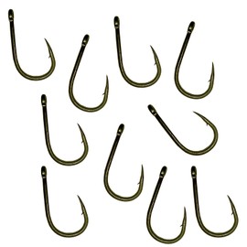 Carp On - Packs of 10 Size 8 WIDE GAPE Fishing Hooks Eyed Made From Teflon Coated Carbon Steel (Micro Barbed - Camo Green, Pack of 10 - Size 8) [14-8008]