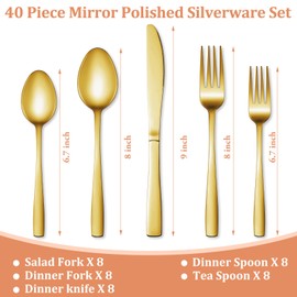 40 Pcs Gold Silverware Set, Stainless Steel Flatware Set for 8, Food-Grade Cutlery Set, Mirror Polished Tableware Eating Utensils Set for Home Kitchen, Include Knife Fork Spoon Set, Dishwasher Safe